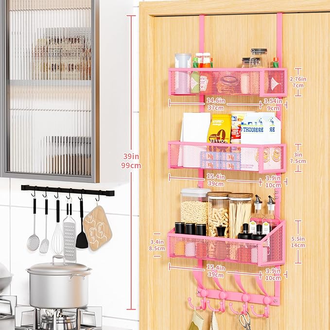 Kaiferty Over The Door Hooks Organizer, Coat Rack Over The Door Storage Hanger Towel Rack, Back of Door Storage Organizer for Bathroom,Bedroom,Kitchen,Office (Pink, 4-Tier)