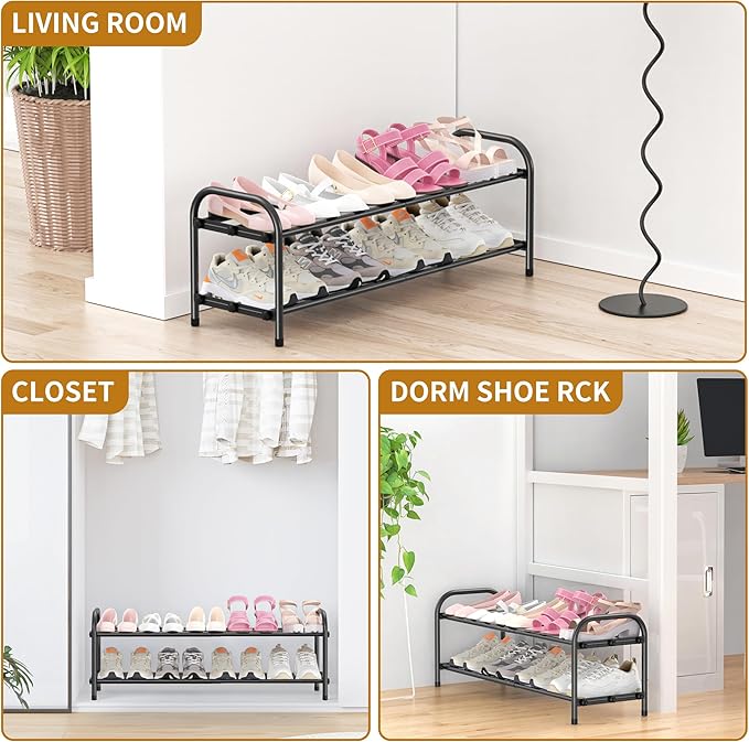 Hleelomi 2-Tier Expandable Shoe Rack for Entryway,Adjustable Metal Shoe Organizer for Closet,Living Room,Dorm,Black