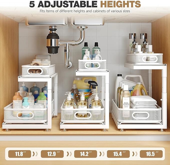 2-Pack Under Sink Storage Organizer with 2-Tier Slide Out Drawer, Sophisticated Mesh Pull Out Shelf for Kitchen & Bathroom, Fits Small Items, Upgraded Arched Track for Smooth Gliding-Gun Gray
