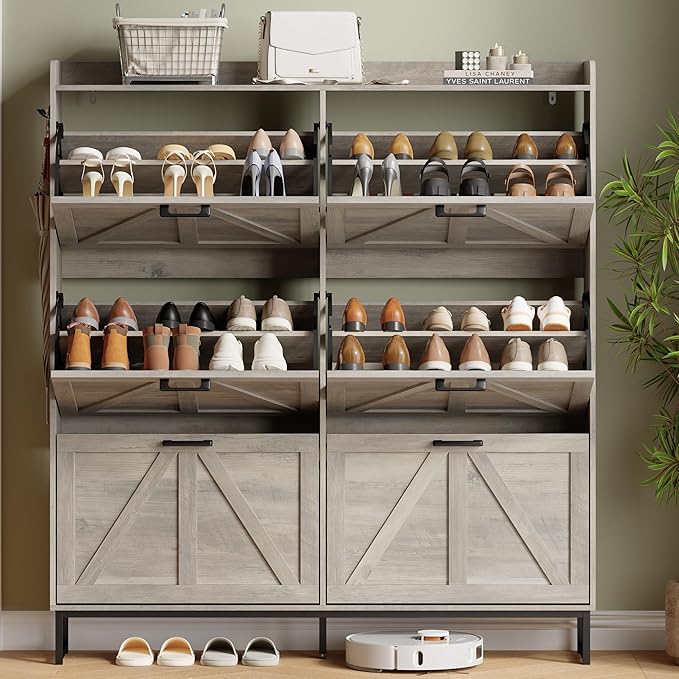 Shoe Cabinet with 6 Flip Drawers, Freestanding Hidden Shoe Storage Organizer for Entryway, Narrow Slim Shoe Rack Cabinet with Open Storage & Hooks for Front Door Entrance, Living Room, Hallway, Grey