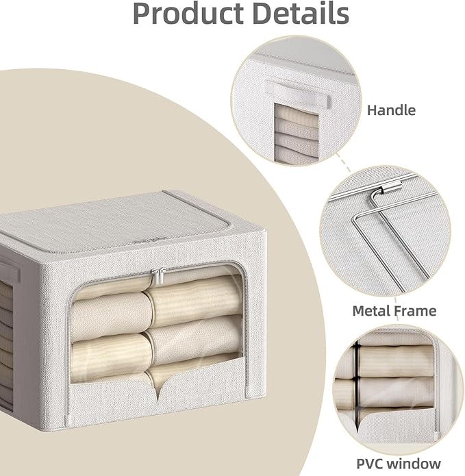 FHSQX 3 Pack Clothes Storage Bins - Foldable Metal Frame Storage Box - Stackable Linen Fabric Container Organizer Set with Carrying Handles and Clear Window (Cream White, 16.5x12.2x12.2inch(40L))