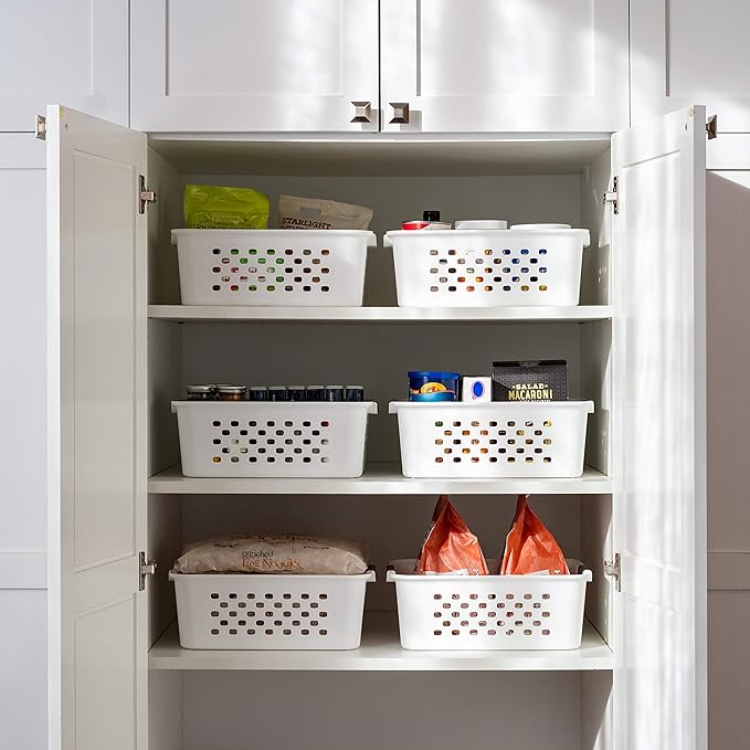 IRIS USA Plastic Storage Baskets, 6-Pack, Made in USA, Shelf Baskets Small Baskets Organizing Bins For Pantry Countertops Closet Shelves Office, Muti-Purpose, Nestable, Easy Carry, White