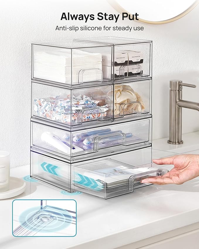 Clear Stackable Storage Drawers Set of 5, Plastic Organizer Bins for Makeup