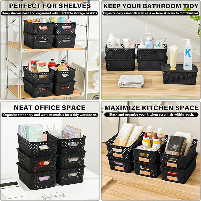10 Pack Small Plastic Storage Bins with Lids, Stackable Plastic Storage Baskets for Organizing with Handles, Organizer Bins with Labels for Room, Craft, Containers for Pantry Organizers and Storage
