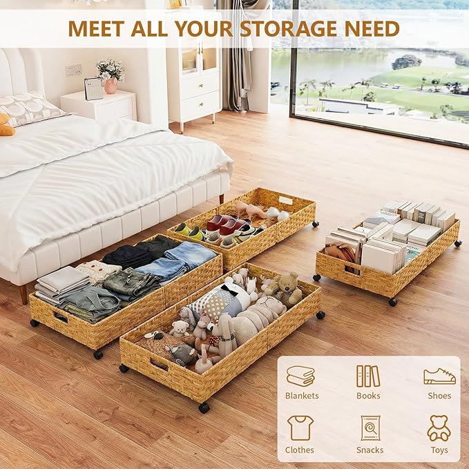 Under Bed Storage Containers with Wheels, 31.5” Large Handwoven Rattan Rolling UnderBed Storage Bins, Tool-free Assembly Natural Under The Bed Organizer Drawers for Bedroom, Sheets Clothes Blankets