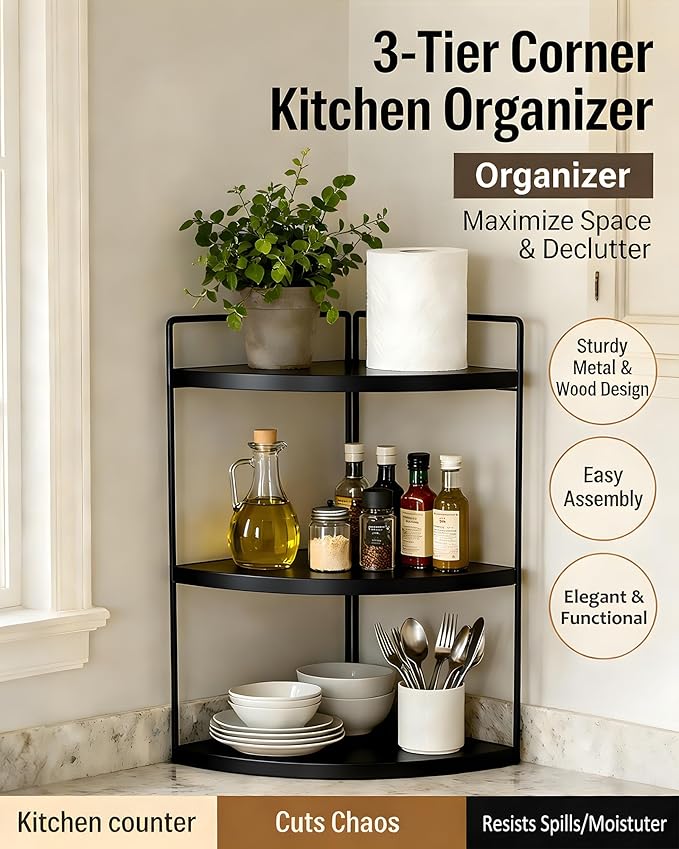 3-Tier Corner Bathroom Countertop Organizer, Solid Pine Wood Vanity Corner Shelf for Skincare & Makeup, Waterproof Standing Rack for Bathroom, Vanity, Kitchen & Dresser, Large 15.7"H, Black