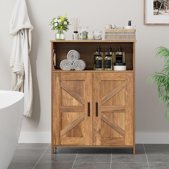 Homhedy Farmhouse Bathroom Storage Cabinet with 2 Doors, Toilet Paper Cabinet with Adjustable Shelf, Small Bathroom Cabinet for Kitchen/Laundry/Living Room, 11.8 x 23.6 x 31.5 Inches, Rustic Walnut