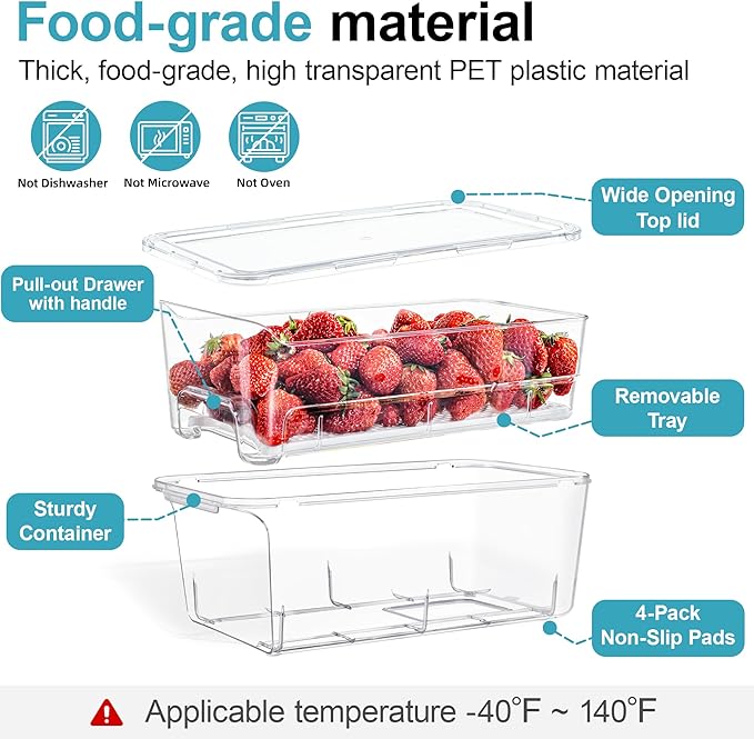4-Pack Stackable Fruit Storage Containers for Fridge, Clear Pull-Out Drawer Organizer Bins with Lids & Drain Tray, Keep Fresh, Removable Refrigerator Container for Berry, Veggie, Drinks, Food