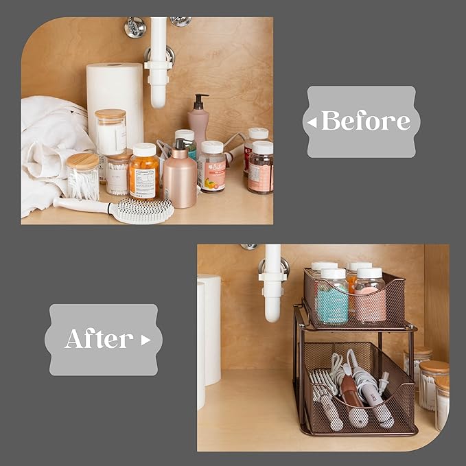 2 Tier Metal Under Sink Organizer for Bathroom, Kitchen, Brown