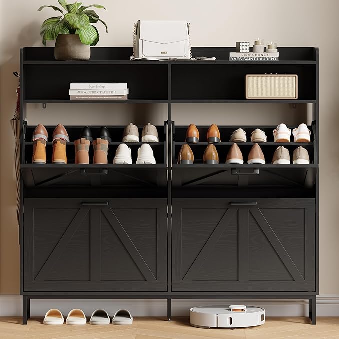 Shoe Cabinet with 4 Flip Drawers, Black