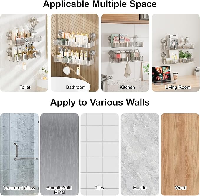 Adhesive Shower Caddy Suction Cup Shower Shelves for Inside Shower No Drilling Bathroom Organizers and Storage Wall Shelf Rack Clear(clear,square)