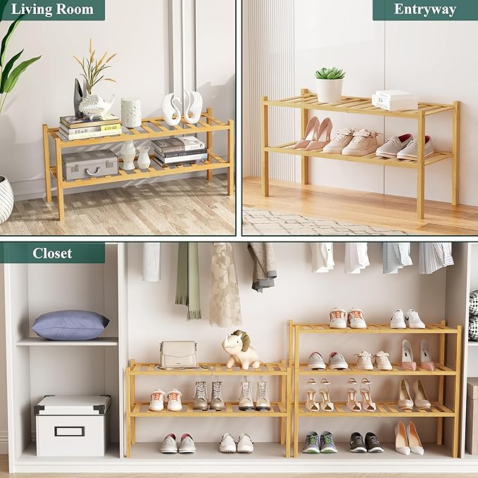 Smiry Bamboo Shoe Rack, 6 Tier Free Standing Wooden Shoe Organizer, Stackable Wood Shoe Storage Shelf for Closet, Entryway, 12 Vertical Slats, 2+2+2 Stack Standard Legs, 26.8"x11"x39", Natural