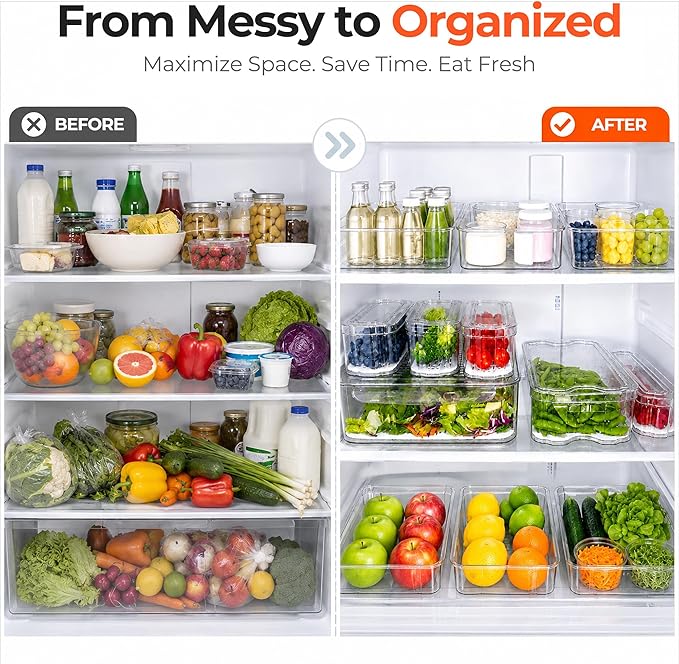 SMRCAD 8 Pack Refrigerator Organizers, Clear Pull-out Drawer Container and Organizer Bins with Lids, Stackable Storage Containers for Fruits, Vegetable (Set of 8 (Include Pull Out Drawer))