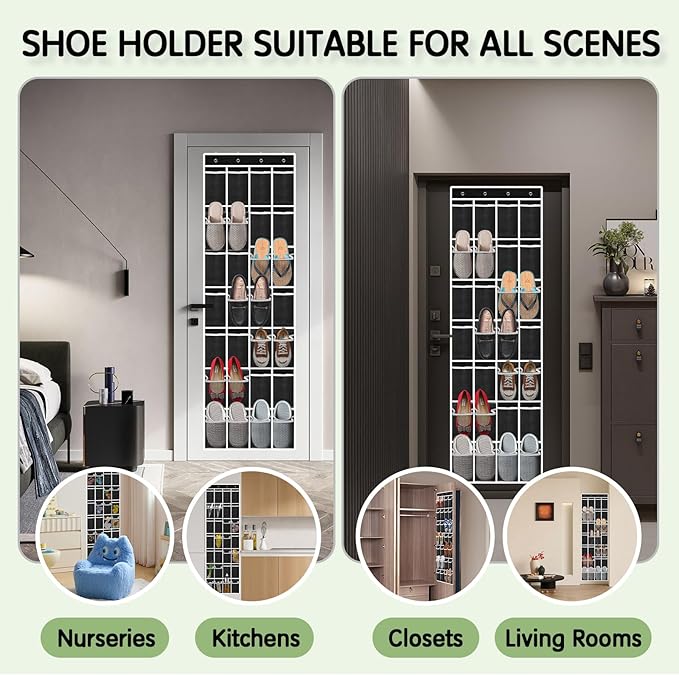 Kotkn 28 Compartment Over the Door Shoe Organizer, Breathable Mesh Large Shoe Rack for Closet Storage, Space Saving Hanging Shoe Holder with Reinforced Hooks (Fits Men & Women,Black-01)