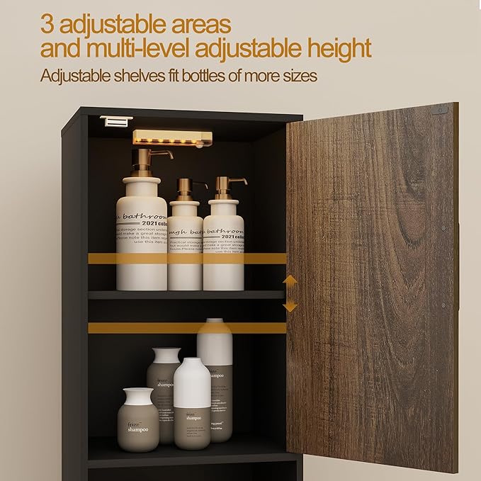 Tall Storage Cabinet, 13.15 Inch Narrow Bathroom Cabinet with USB Magnetic Light, Open Shelf, Magnetic Doors, 2 Adjustable Shelves, Anti-Tip Kit for Small Spaces, Living Room, Black, 57.1" H