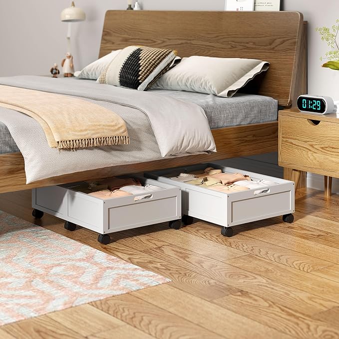 WISUCART Wood Under Bed Storage Containers Underbed Organizer with Wheels Sturdy Wood Rolling Under Bed Shoe Storage Organizer 2 Packs (White, Small)