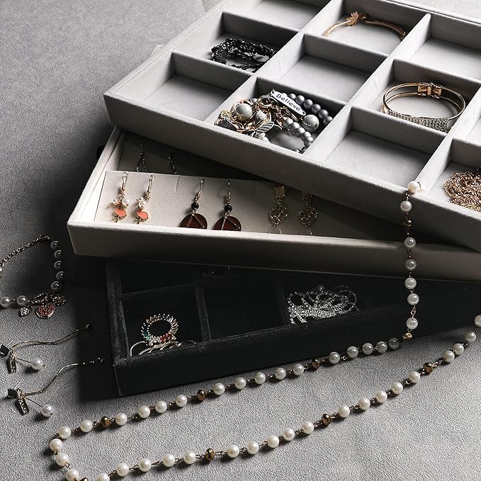 Frebeauty Stackable Velvet Jewelry Organizer Trays for Drawers Inserts Jewelry Storage Tray Display Case Stud Earrings Bracelets Necklace Rings Accessories Trays for Women Girl(Set of 4)(Black).