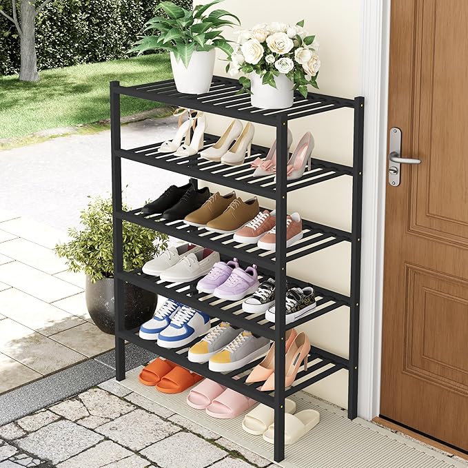 Smiry Bamboo Shoe Rack, 5 Tier Free Standing Wooden Shoe Organizer, Stackable Wood Shoe Storage Shelf for Closet, Entryway, 14 Vertical Slats, 2+2+1 Stack Heavy-Duty Legs, 26.8"x11"x32.5", Black
