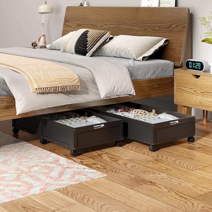 WISUCART Wood Under Bed Storage Containers Underbed Organizer with Wheels Sturdy Wood Rolling Under Bed Shoe Storage Organizer 2 Packs (Black, Large)