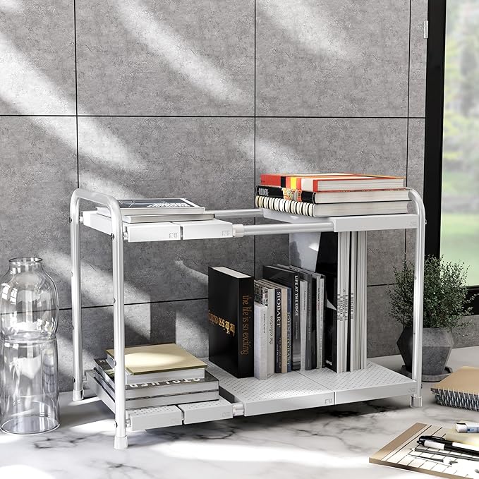 Simple Houseware Under Sink 2 Tier Expandable Heavy Duty Metal Shelf Organizer Rack, White (Expand from 15 to 25 inches)