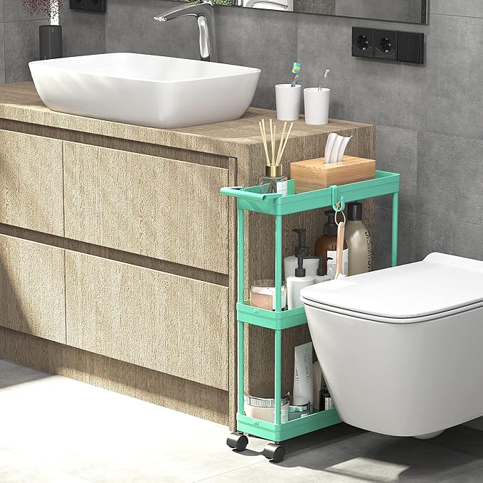 Simple Houseware 3-Tier Slim/Narrow Storage Cart with Handle, 5.5'' Wide x 27.5'' Height Rolling Organizer for Kitchen, Bathroom, Laundry Room - Turquoise