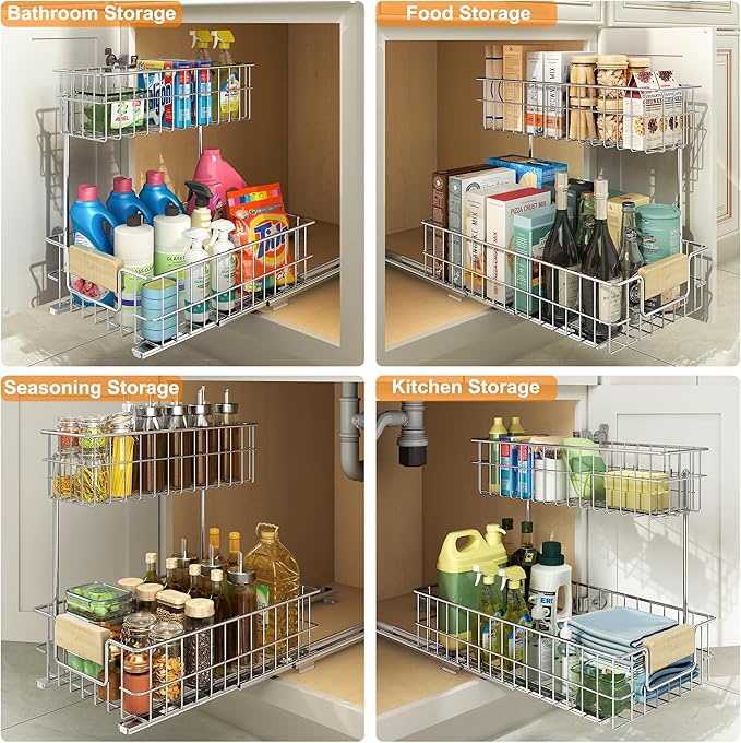 Pull Out Cabinet Organizer, Under Sink Slide Out Storage Shelf with 2 Tier Sliding Wire Drawer, Sliding Storage for Inside Kitchen Cabinet- 11.5 in. W x 21.5 in. D (Right)