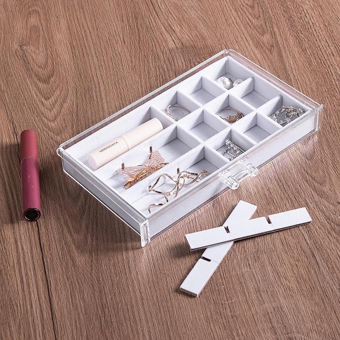Frebeauty Acrylic Jewelry Organizer Earring Organizer Box with 5 Drawers Earring Holder Organizer with Velvet Trays Clear Jewelry Box for Women Earring Display for Rings Studs(White)