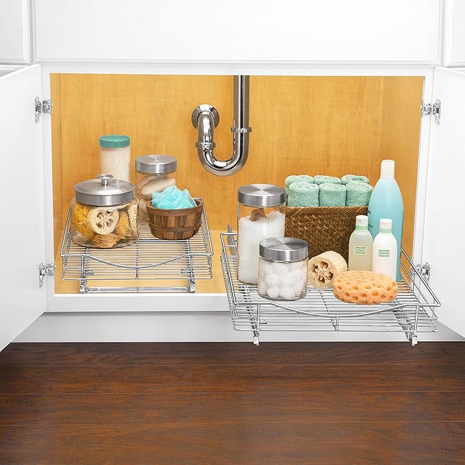 LYNK PROFESSIONAL® Pull Out Cabinet Organizer, 11" x 21" Slide Out Cabinet Organizer Pull Out Drawer – Pull Out Shelves for Kitchen Cabinets – Under Sink Organizers - Lifetime Ltd. Warranty, Chrome