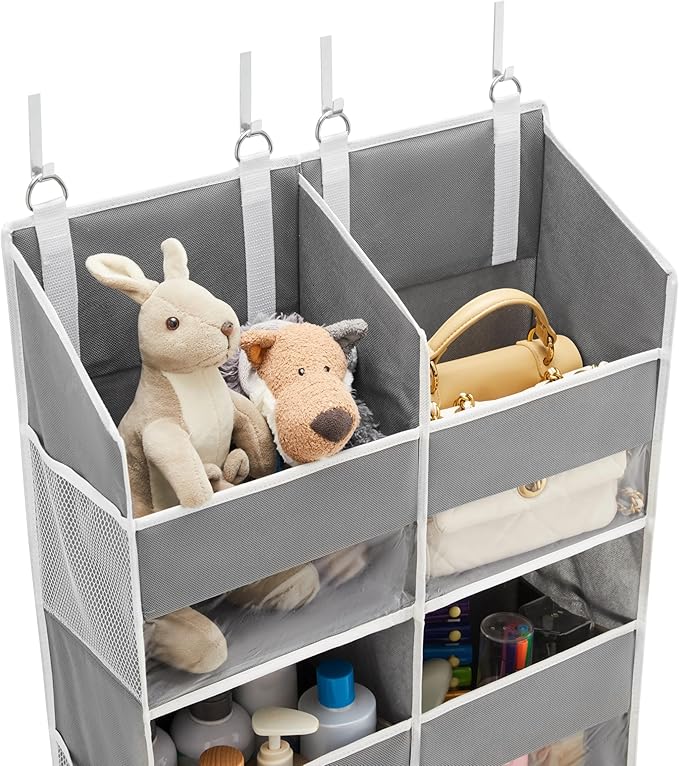 Over the Door Organizer 5 Tiers, Extra Large Behind Door Storage of 10 Compartments, Anti Tilt Hanging Organizer for Closet, Diaper Organizer, Bedroom, Bathroom, Pantry, Nursery, (Grey)