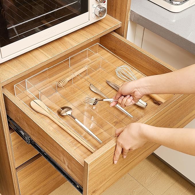 Teenyyou 1 Pack Expandable Kitchen Drawer Organizer Clear Acrylic Utensil Organizer Adjustable Acrylic Silverware Storage for Drawers Silverware Flatware Knives (12 x 16 Inches,5-7 Compartments)