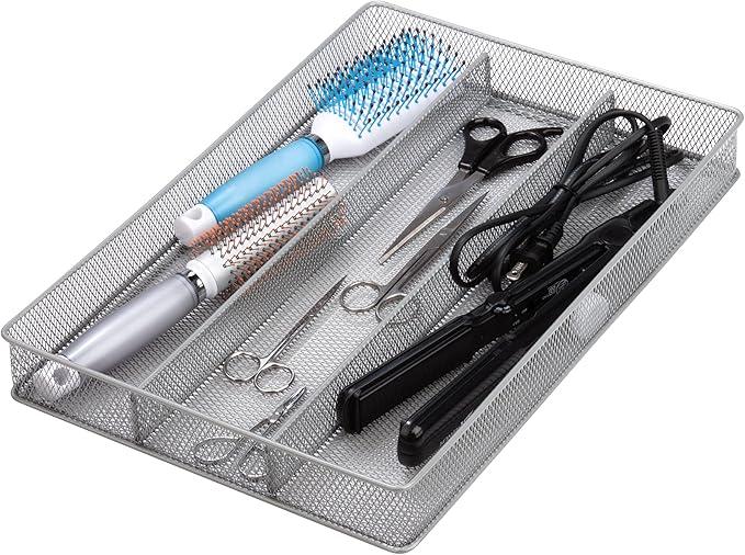 KCH-02157 Steel Mesh 3-Compartment Cutlery Utensil Organizer, Silver