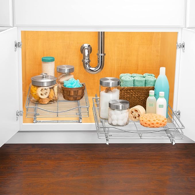 LYNK PROFESSIONAL® Pull Out Cabinet Organizer, 14" x 21" Slide Out Cabinet Organizer Pull Out Drawer – Pull Out Shelves for Kitchen Cabinets – Under Sink Organizers - Lifetime Ltd. Warranty, Chrome
