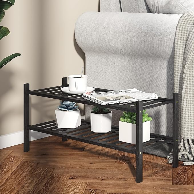 Shoe Rack, 2-Tier Bamboo Stackable Shoe Shelf Storage Organizer