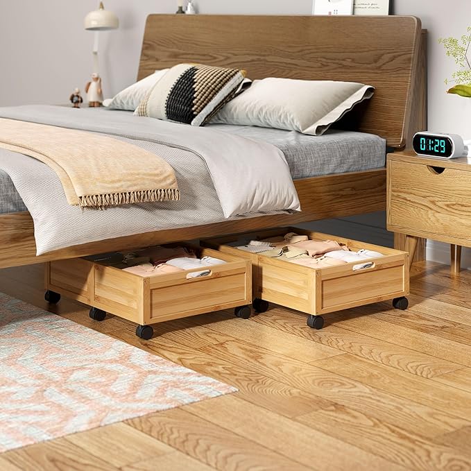 WISUCART Wood Under Bed Storage Containers Underbed Organizer with Wheels Sturdy Wood Rolling Under Bed Shoe Storage Organizer 2 Packs (Nature, Small)