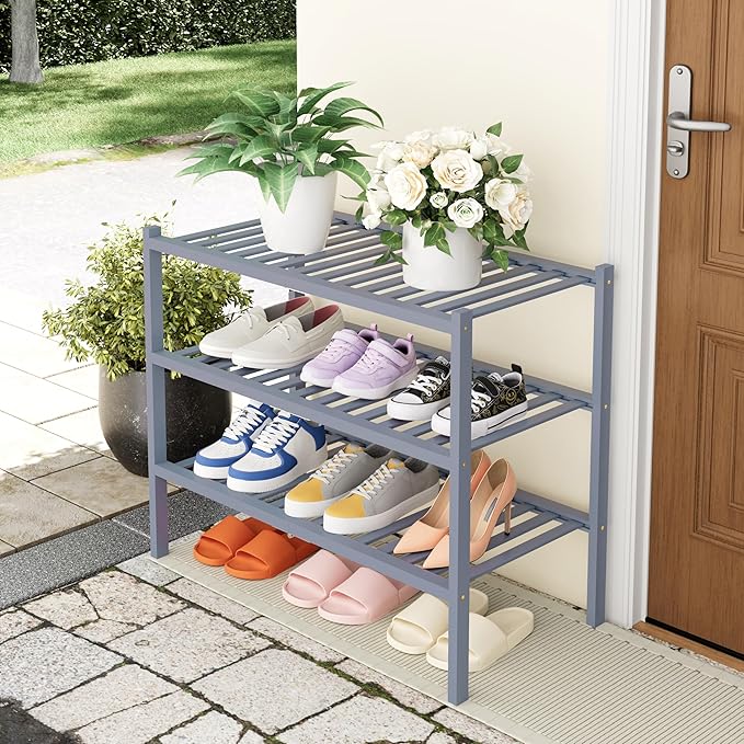 Smiry Bamboo Shoe Rack, 3 Tier Free Standing Wooden Shoe Organizer, Stackable Wood Shoe Storage Shelf for Closet, Entryway, 14 Vertical Slats, 2+1 Stack Heavy-Duty Legs, 26.8"x11"x19.5", Grey