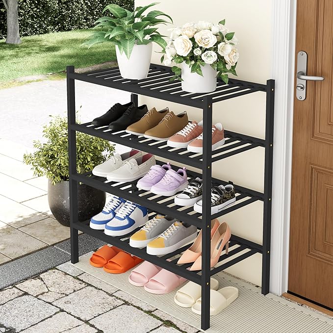 Smiry Bamboo Shoe Rack, 4 Tier Free Standing Wooden Shoe Organizer, Stackable Wood Shoe Storage Shelf for Closet, Entryway, 14 Vertical Slats, 2+2 Stack Heavy-Duty Legs, 26.8"x11"x26", Black