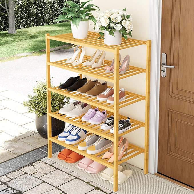 Smiry Bamboo Shoe Rack, 5 Tier Free Standing Wooden Shoe Organizer, Stackable Wood Shoe Storage Shelf for Closet, Entryway, 14 Vertical Slats, 2+2+1 Stack Heavy-Duty Legs, 26.8"x11"x32.5", Natural