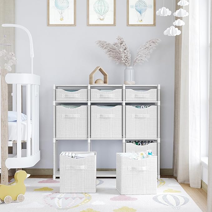 Cube Storage Organizer with Storage Bins Included - The Perfect Closet Organizers and Storage Solution. Includes 9 Storage Cubes, Great For Toy Storage, Closet Storage, Clothes Storage (White-Grey)