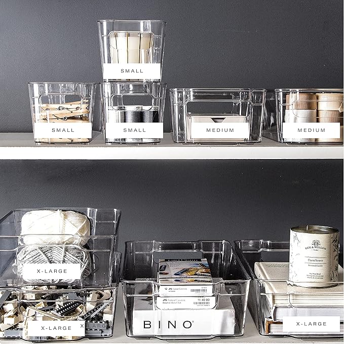 BINO | Stackable Storage Bins, Medium - 4 Pack | The Stacker Collection | Clear Plastic Storage Bins | Organization and Storage Containers for Pantry & Fridge | Multi-Use Organizer Bins | BPA-Free