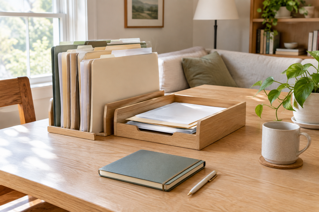 Household filing folders and a document tray arranged on a light oak table.