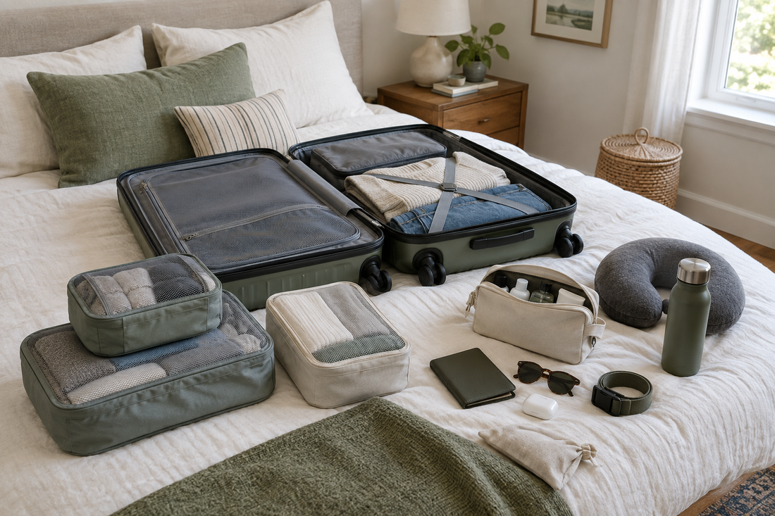 Open suitcase with packing cubes and a toiletry pouch on a neatly made bed.