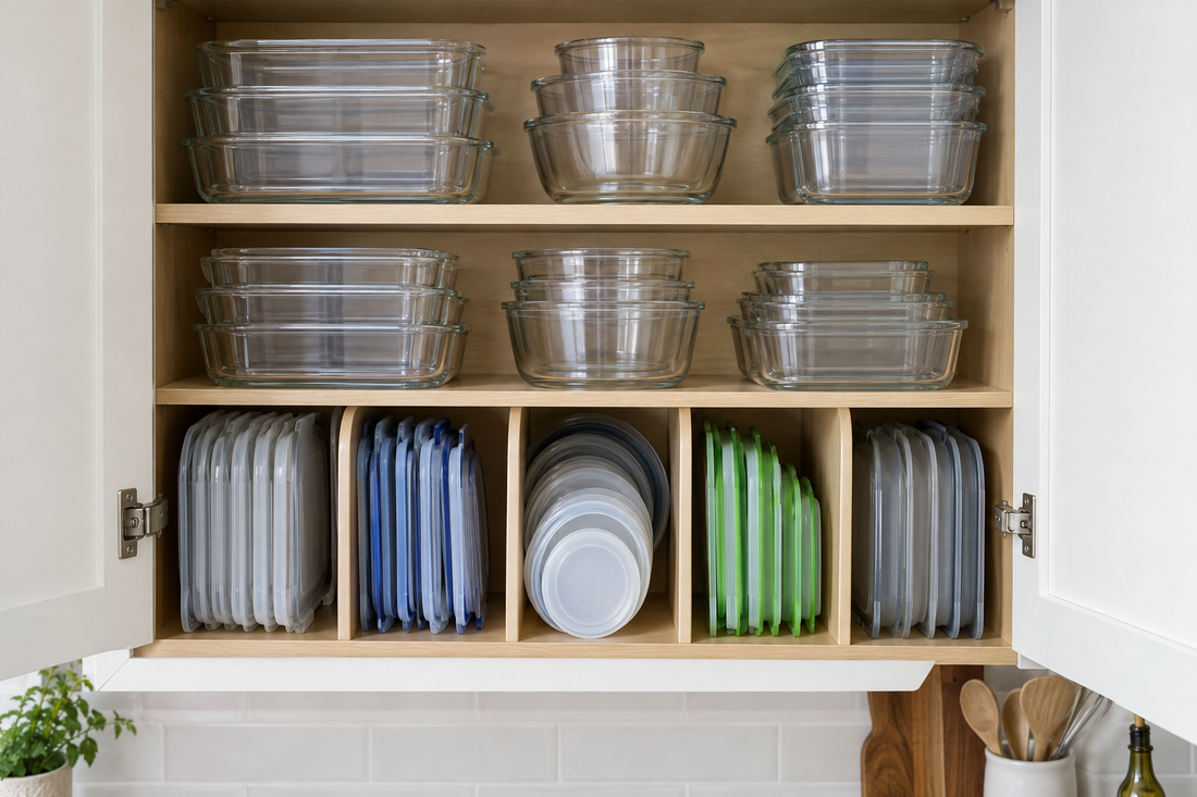 Nested empty food containers with matching lids stored vertically in cabinet dividers.