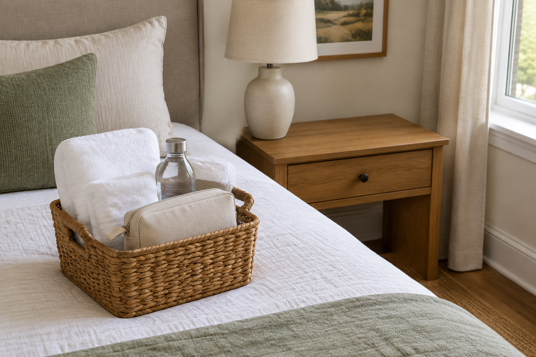 Guest room basket with fresh towels, a water bottle, and a toiletry pouch.