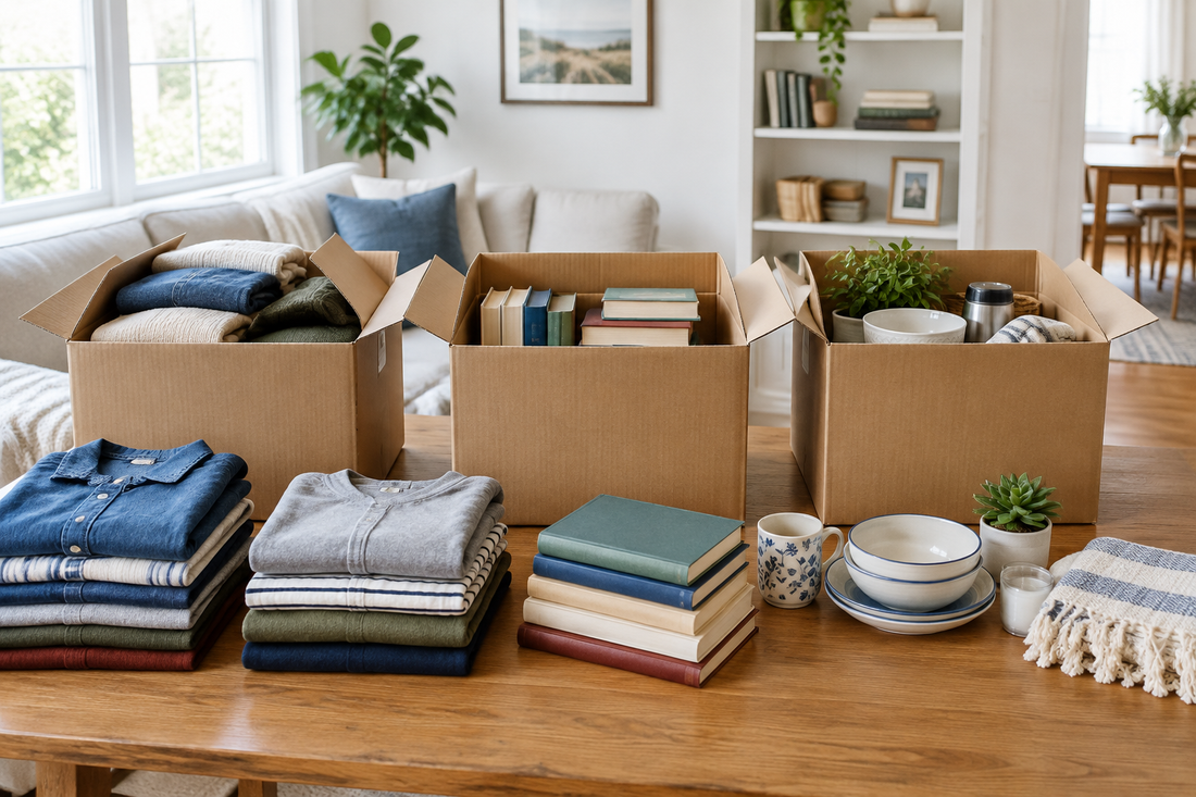 Open donation boxes with folded clothing, books, and household items nearby.