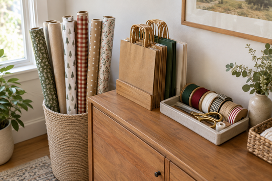 Upright wrapping paper rolls beside gift bags, ribbon spools, and a small tool tray.