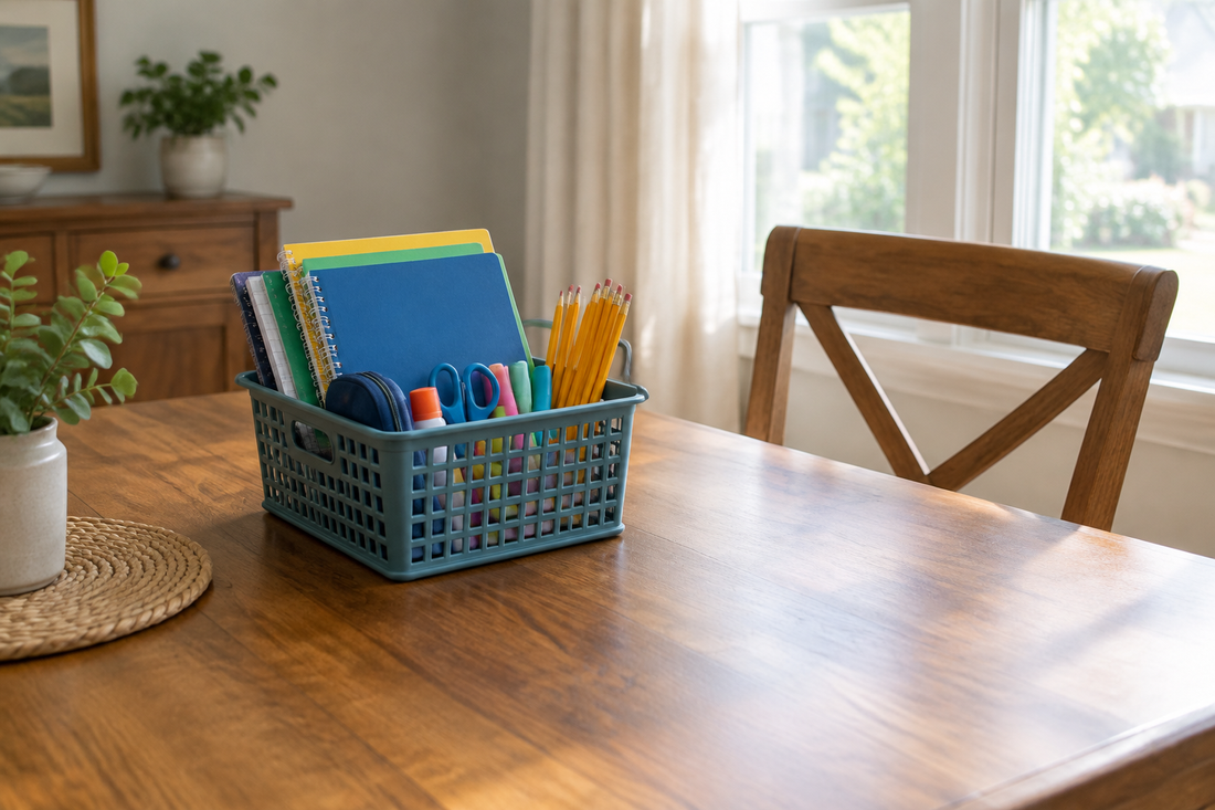 Portable homework basket with notebooks and pencils beside a clear dining table.