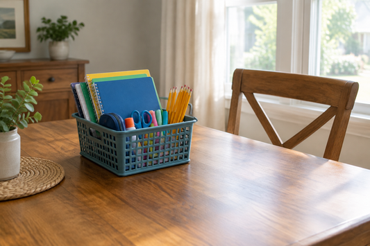 Portable homework basket with notebooks and pencils beside a clear dining table.
