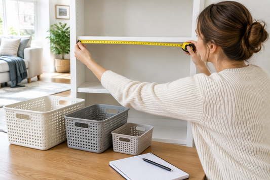 Measuring tape across an empty shelf with a notebook and organizing baskets nearby.
