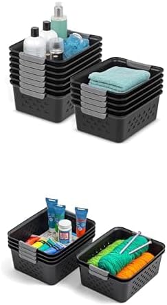 IRIS USA Plastic Storage Basket Bundle, Small - 12 Pack + Medium - 6 Pack, Shelf Basket Storage Organizer for Pantry, Cabinet, Bedroom, Closet, Laundry Room, Home Work Office, Craft Supplies, Black