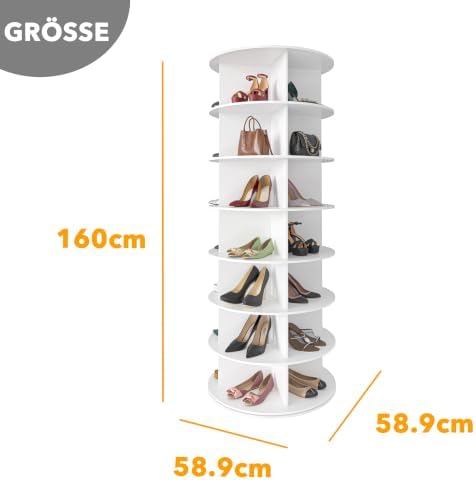 7 Tier Rotating Shoe Rack Tower, Spinning Shoe Display Lazy Susan, Revolving 360 Shoe Rack Storage Round Carousel, Vertical Handbag Rotate Shoes Closet Organization (7-Tier White)